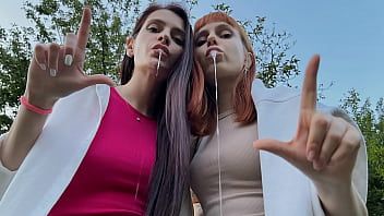 Play A Lot Of Two Mistresses Saliva In Your Slave Mouth - POV Spitting Femdom Close-up
